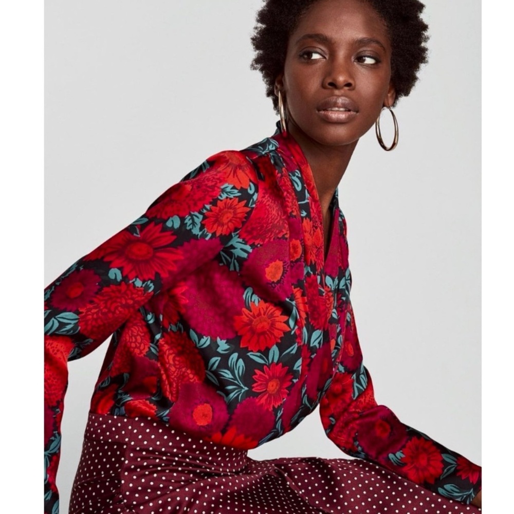 ZARA Floral Crossover Long Sleeve Bodysuit L Feminine Office